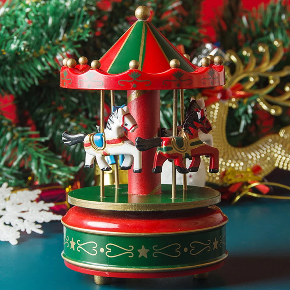 Christmas Carousel Music Box Musical Carousel Mini Wood Music Box Christmas Decoration for Girls Boys New Year Gift Xmas Decor