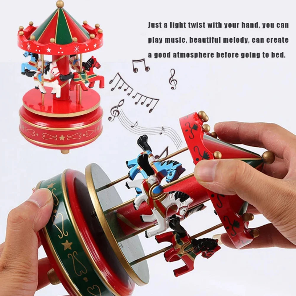 Christmas Carousel Music Box Musical Carousel Mini Wood Music Box Christmas Decoration for Girls Boys New Year Gift Xmas Decor