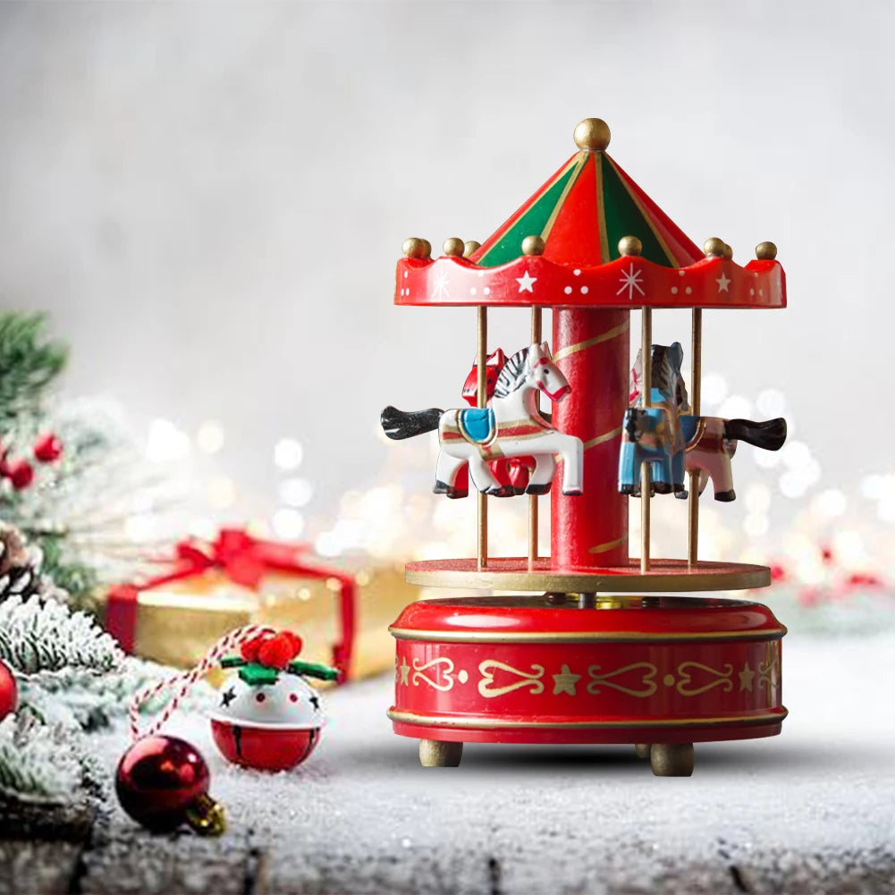 Christmas Carousel Music Box Musical Carousel Mini Wood Music Box Christmas Decoration for Girls Boys New Year Gift Xmas Decor