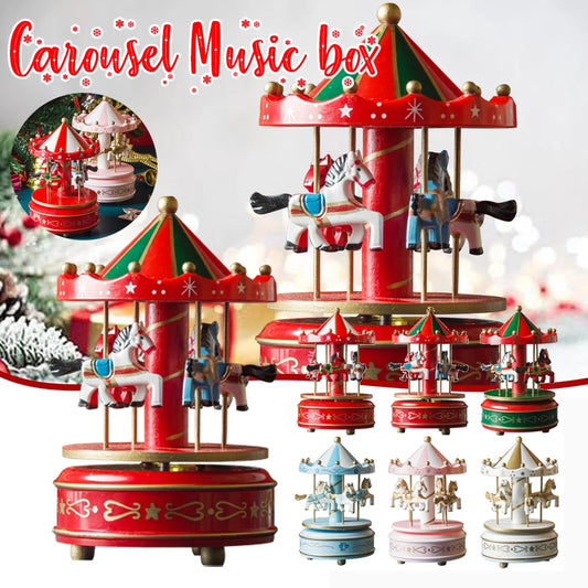 Christmas Carousel Music Box Musical Carousel Mini Wood Music Box Christmas Decoration for Girls Boys New Year Gift Xmas Decor