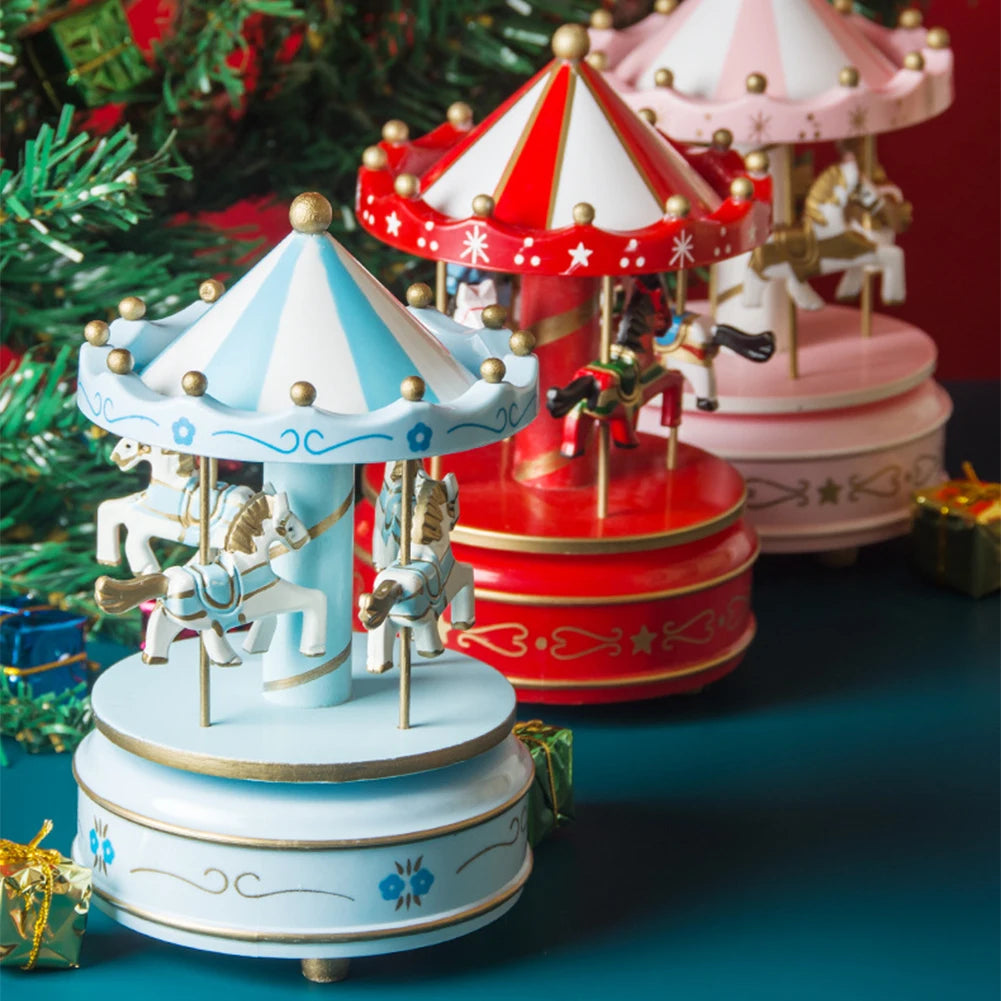 Christmas Carousel Music Box Musical Carousel Mini Wood Music Box Christmas Decoration for Girls Boys New Year Gift Xmas Decor