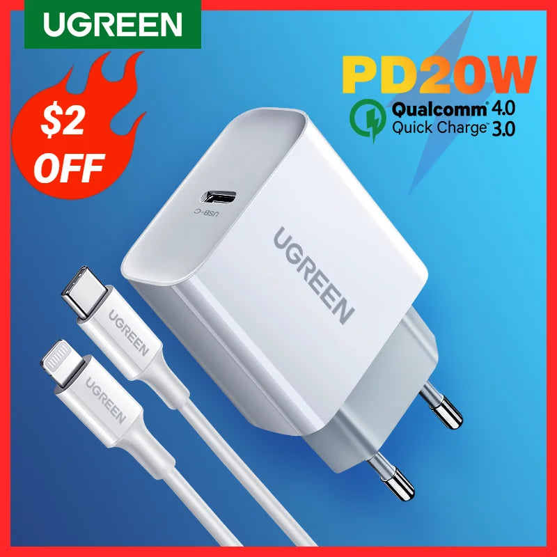 UGREEN Quick Charge 4.0 3.0 QC PD Charger 20W QC4.0 QC3.0 USB Type C Fast Charger for iPhone 15 14 13 12 Xiaomi Phone PD Charger