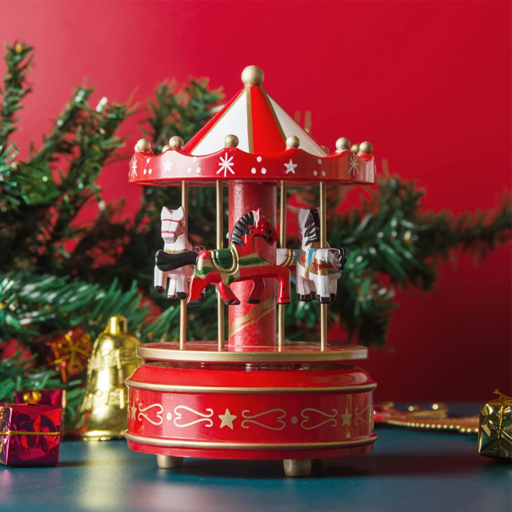 Christmas Carousel Music Box Musical Carousel Mini Wood Music Box Christmas Decoration for Girls Boys New Year Gift Xmas Decor